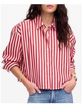 Madewell Boxy Red and White Vertical Stripe Button-Up Shirt